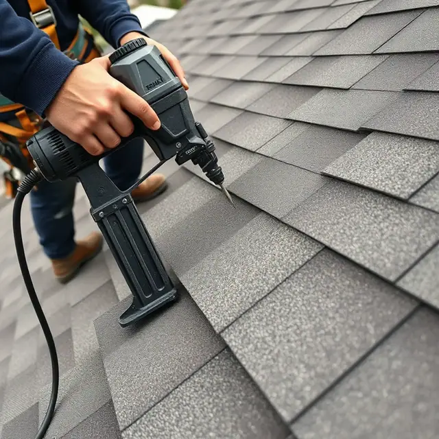 Roofer nailing architectural shingles to the six-nail high wind pattern in Harrisburg, PA