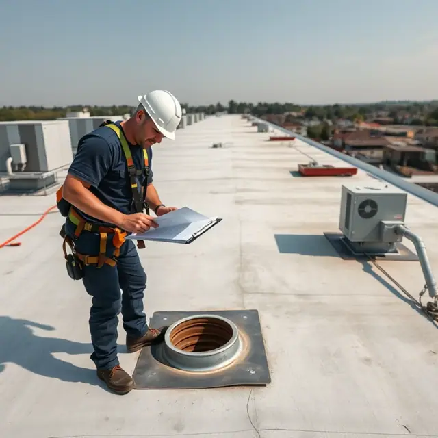 Technician inspecting drains and seams on a commercial flat roof in Harrisburg, PA