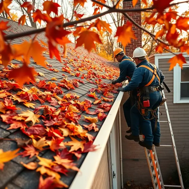 Autumn leaves on a roof and in gutters at a Harrisburg, PA home