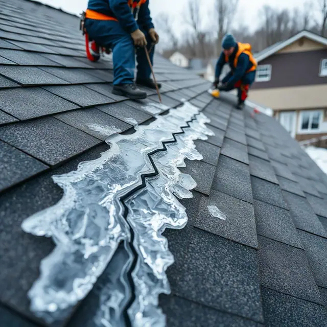 Ice forming in a roof valley during a Harrisburg, PA freeze-thaw cycle