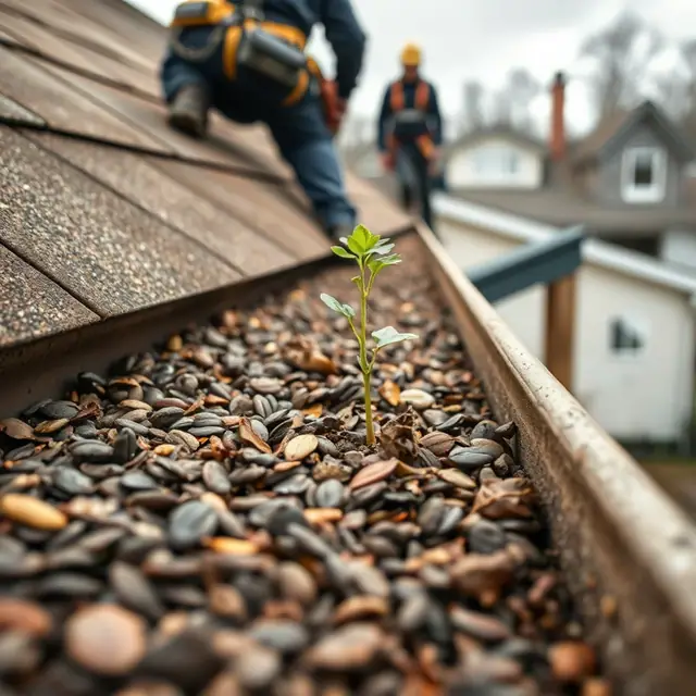 Clogged gutter full of leaves and maple seeds on a Harrisburg, PA home