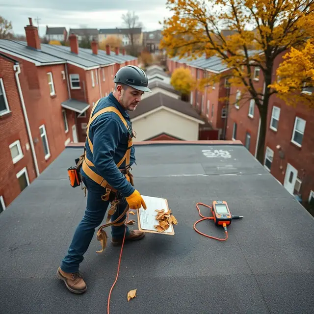 Rowhome flat roofs and party walls across a Harrisburg, PA block