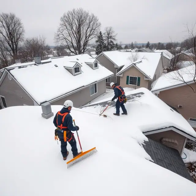 Snow-covered roofs in a Harrisburg, PA neighborhood after a winter storm