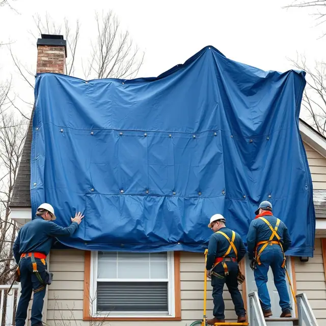 Properly battened emergency roof tarp on a Harrisburg, PA home