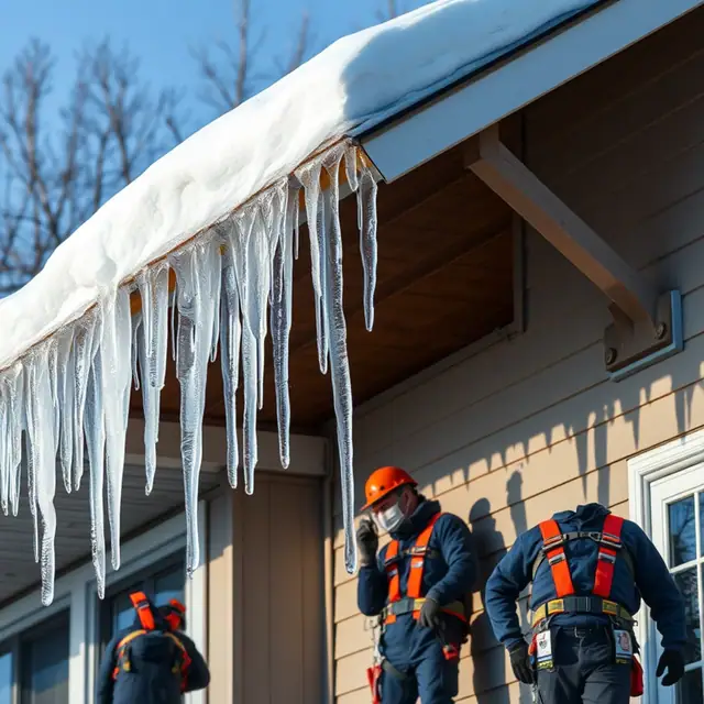Ice dam and icicles at the eave of a Harrisburg, PA home during a winter thaw