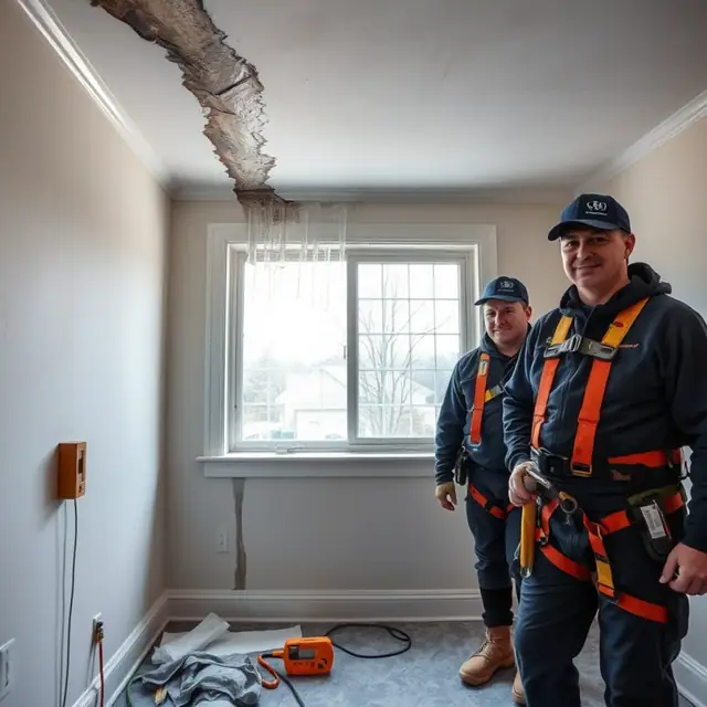 Interior water damage from an ice dam being documented in a Pennsylvania home