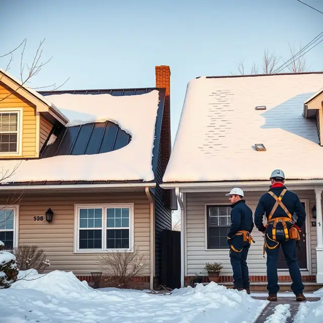 Metal roof shedding snow beside a shingled roof holding snow in Central Pennsylvania