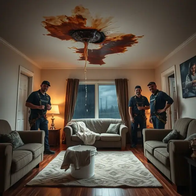 Bucket catching water from a leaking ceiling during a storm in a Harrisburg, PA home