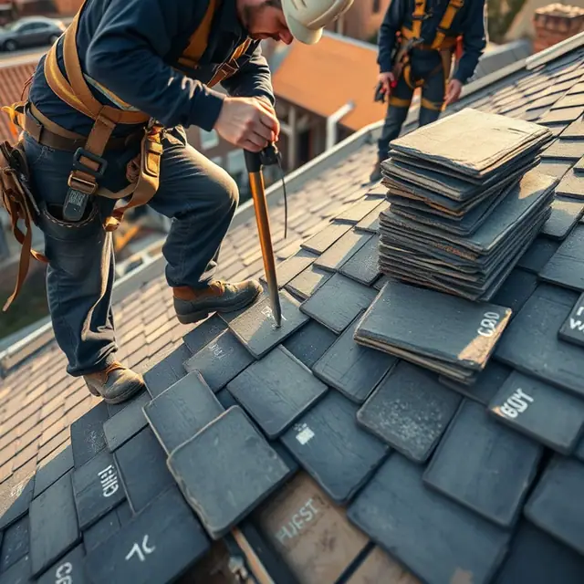 Roofer assessing a historic slate roof for repair in Harrisburg, PA