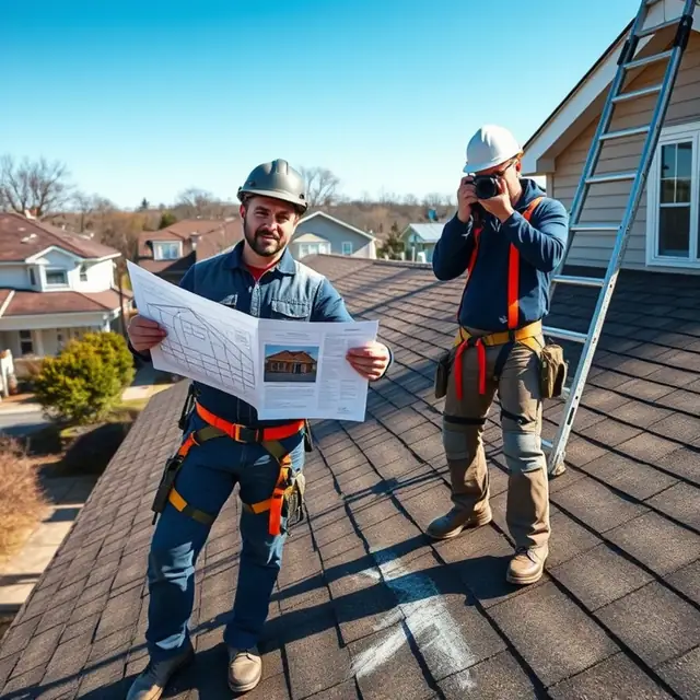 Roofing contractor and insurance adjuster inspecting storm damage on a Pennsylvania roof