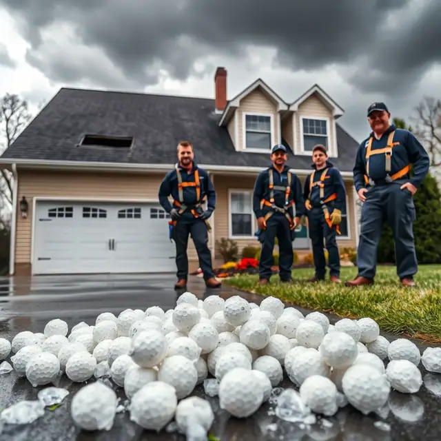 Hailstones on a lawn beside a damaged gutter in Dauphin County, PA