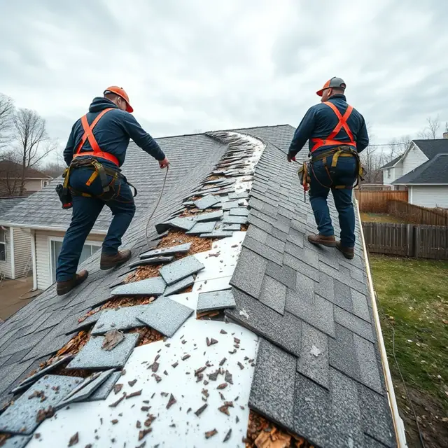 Missing shingles and exposed underlayment after a wind storm in Harrisburg, PA