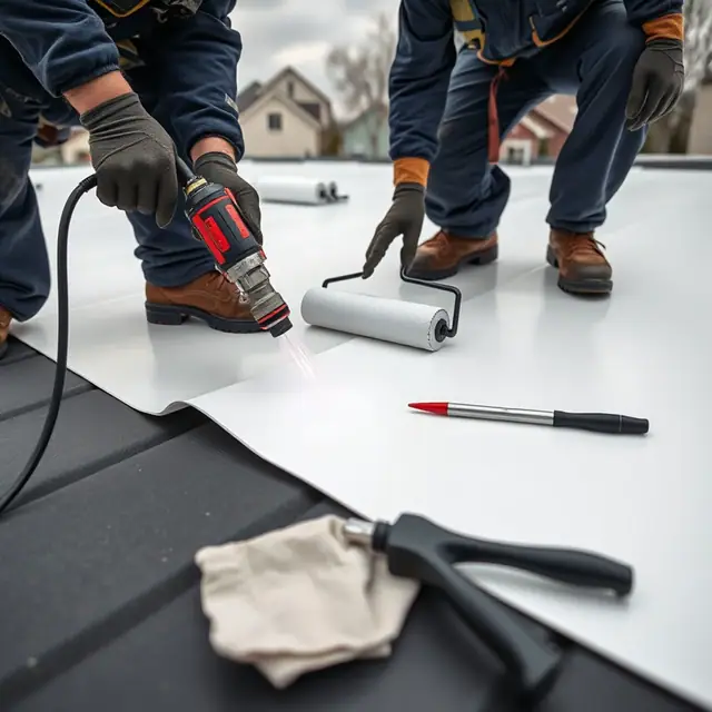 Roofer heat welding a TPO seam on a commercial roof in Harrisburg, PA