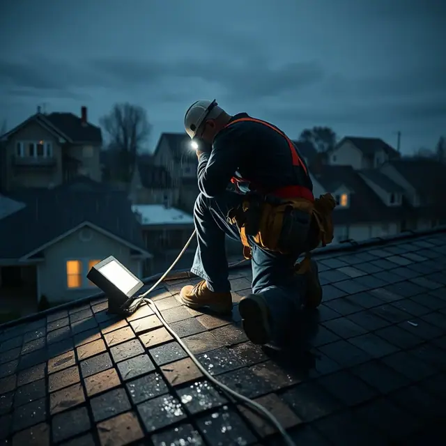 Emergency roofing crew working under floodlights on a storm-damaged Harrisburg, PA roof at night