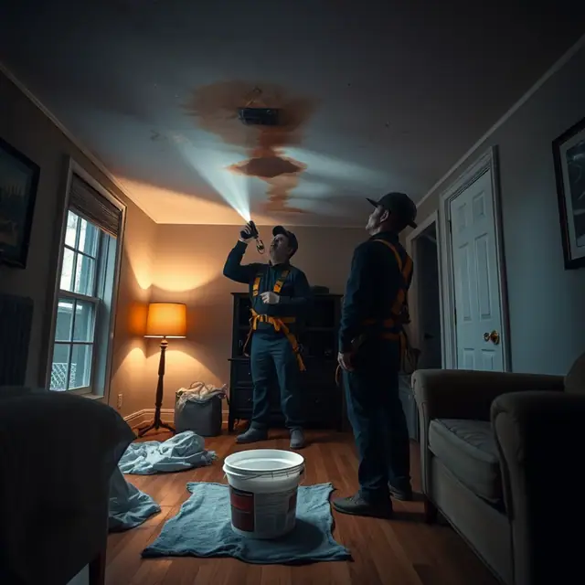 Roofer checking interior water damage from a roof leak in a Harrisburg, PA home