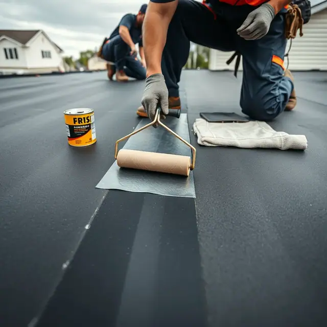 Roofer rolling a seam on an EPDM flat roof membrane in Harrisburg, PA