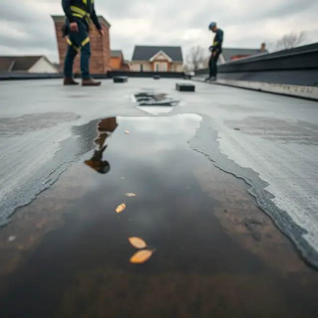 Standing water ponding on a low-slope rowhome roof in Harrisburg, PA before drainage repair