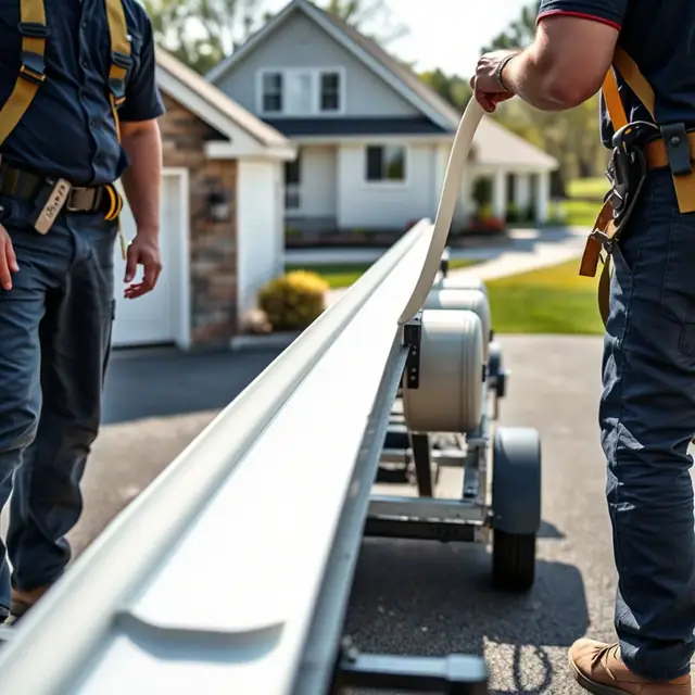 Seamless aluminum gutter being roll-formed on site at a Harrisburg, PA home