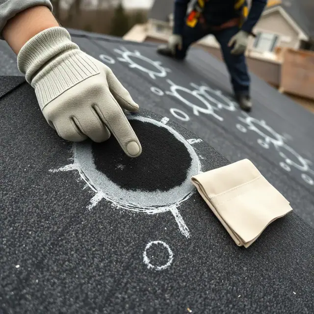 Roofer marking hail impact bruises on shingles during a free inspection in Dauphin County, PA