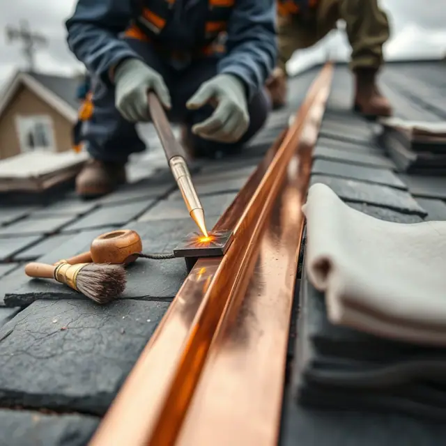Craftsman soldering a copper valley during historic roof restoration in Harrisburg, PA
