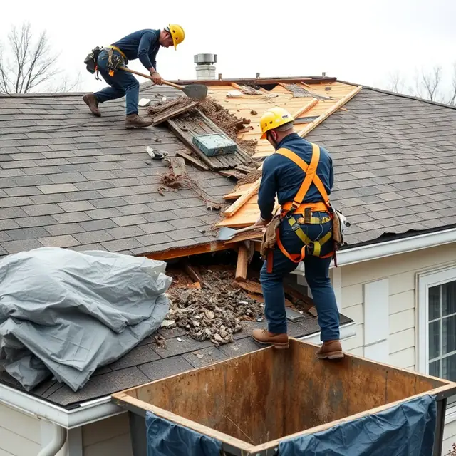 Roofing crew tearing off old shingles down to the deck on a Harrisburg, PA home