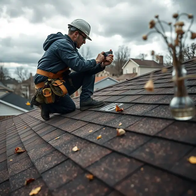 Roofer inspecting and documenting storm damage on a Harrisburg, PA roof after a summer thunderstorm