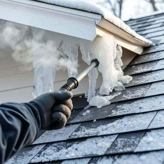 Low-pressure steam being used to remove an ice dam from the eave of a Harrisburg, PA home