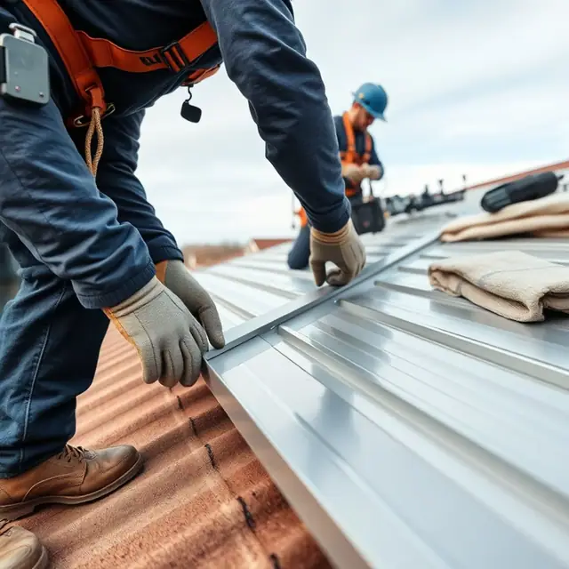 Standing seam metal roof panels being locked together on a Harrisburg, PA home