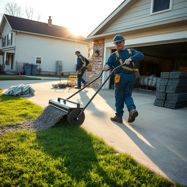 Crew running a rolling magnet across a lawn to collect roofing nails in Harrisburg, PA