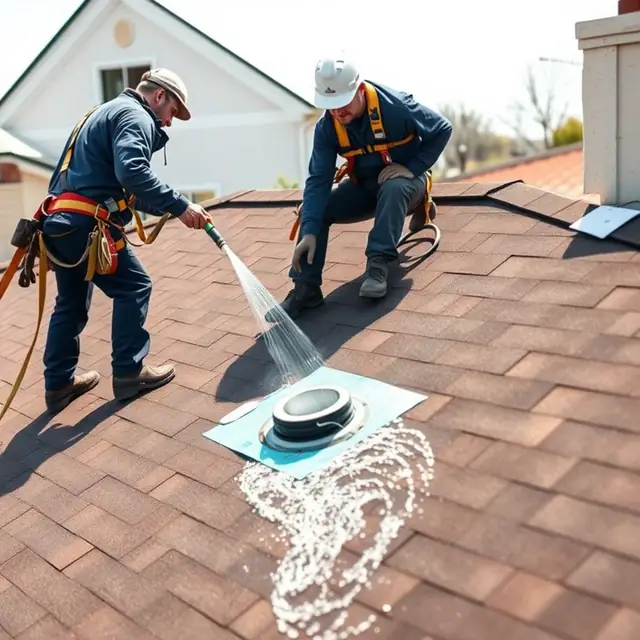 Roofer water testing a roof slope in sections to locate a leak in Harrisburg, PA