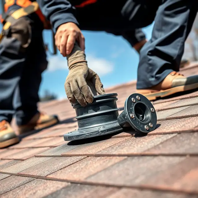 Cracked plumbing vent pipe boot being replaced on a Harrisburg, PA roof