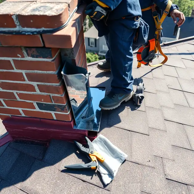 Roofer rebuilding chimney step flashing on a Harrisburg, PA roof