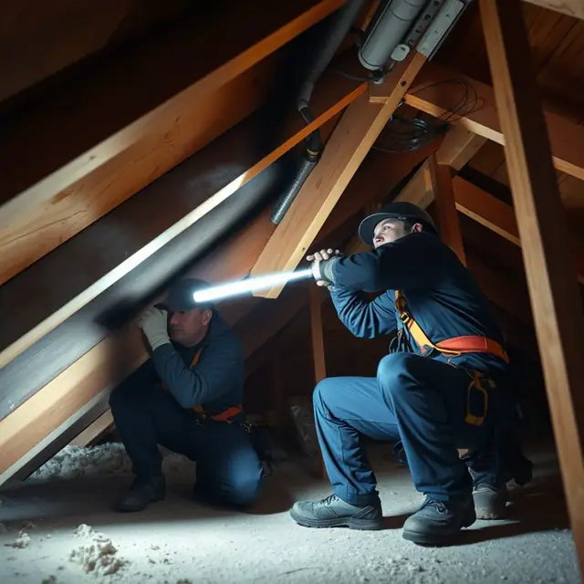 Roofer tracing a roof leak along attic sheathing with a flashlight in a Harrisburg, PA home