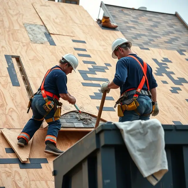 Roofing crew tearing a Harrisburg, PA roof down to bare deck during a full replacement