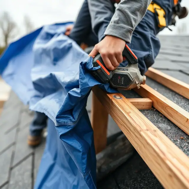 Roofer battening an emergency tarp to furring strips on a storm-damaged roof in Harrisburg, PA