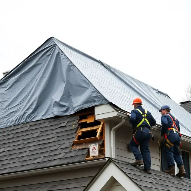 Emergency tarp run over the ridge to shed water on a Harrisburg, PA roof