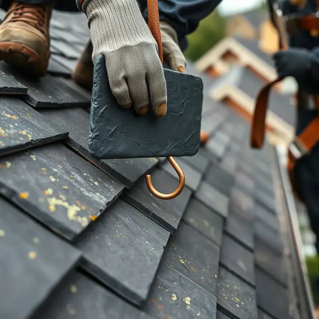 Replacement slate being secured with a copper slate hook on a Harrisburg, PA historic roof