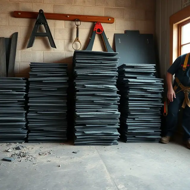 Salvaged Pennsylvania slate sorted by size and thickness for repairs in Harrisburg, PA