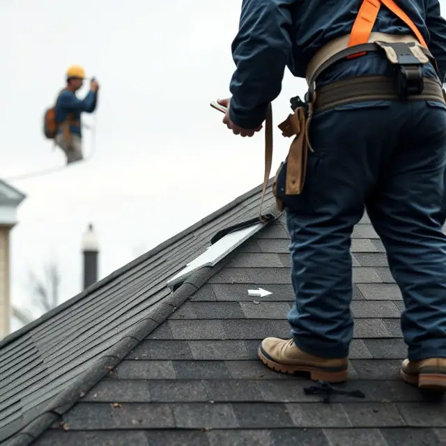 Roofer inspecting each slope of a storm-damaged roof in Harrisburg, PA