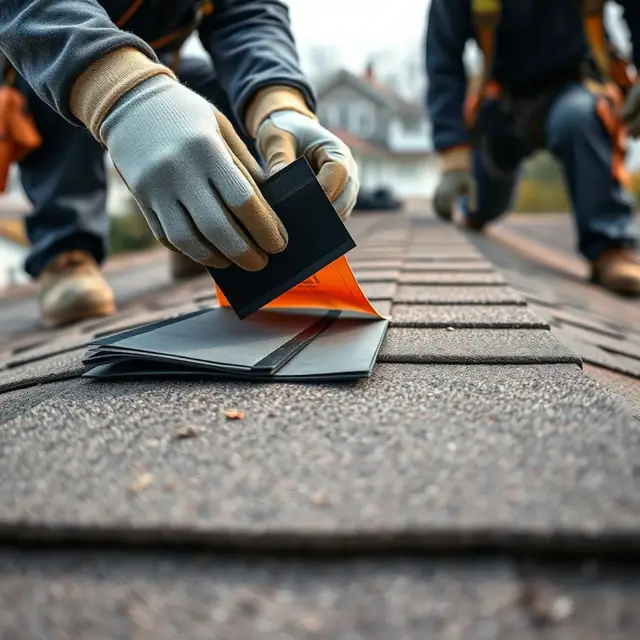 Roofer lifting shingle tabs by hand to test for broken wind seals in Harrisburg, PA