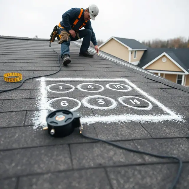 Chalked ten-by-ten test square marking hail impacts on a roof in Dauphin County, PA