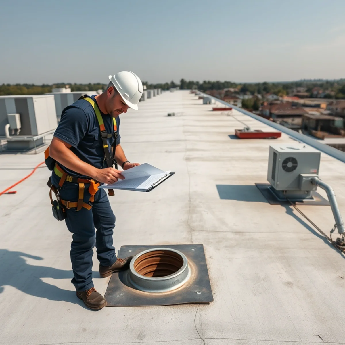 Technician inspecting drains and seams on a commercial flat roof in Harrisburg, PA