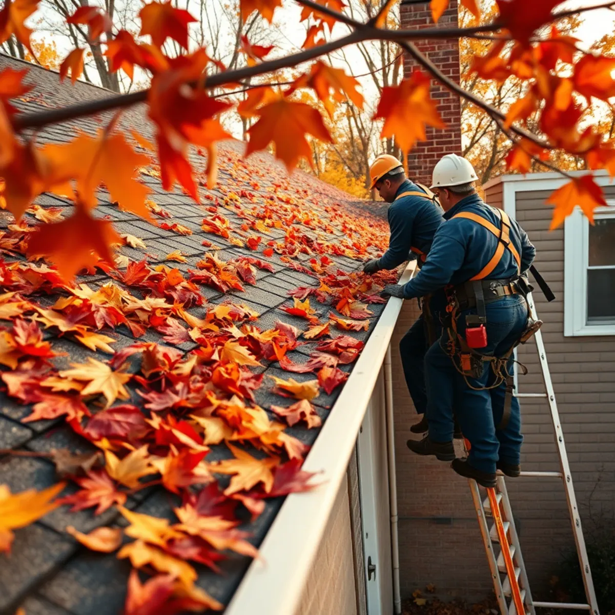Autumn leaves on a roof and in gutters at a Harrisburg, PA home