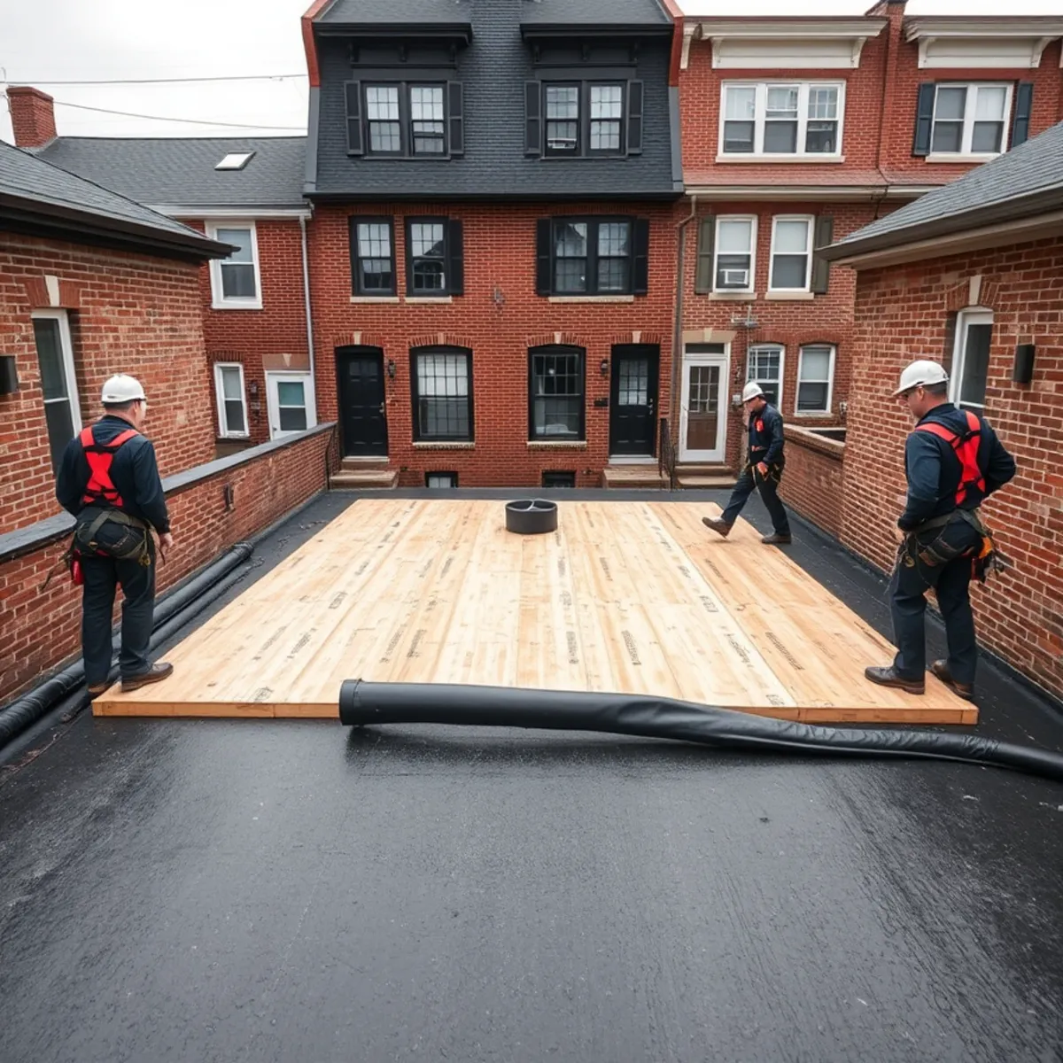 New EPDM membrane roof on a Harrisburg, PA rowhome with parapet walls