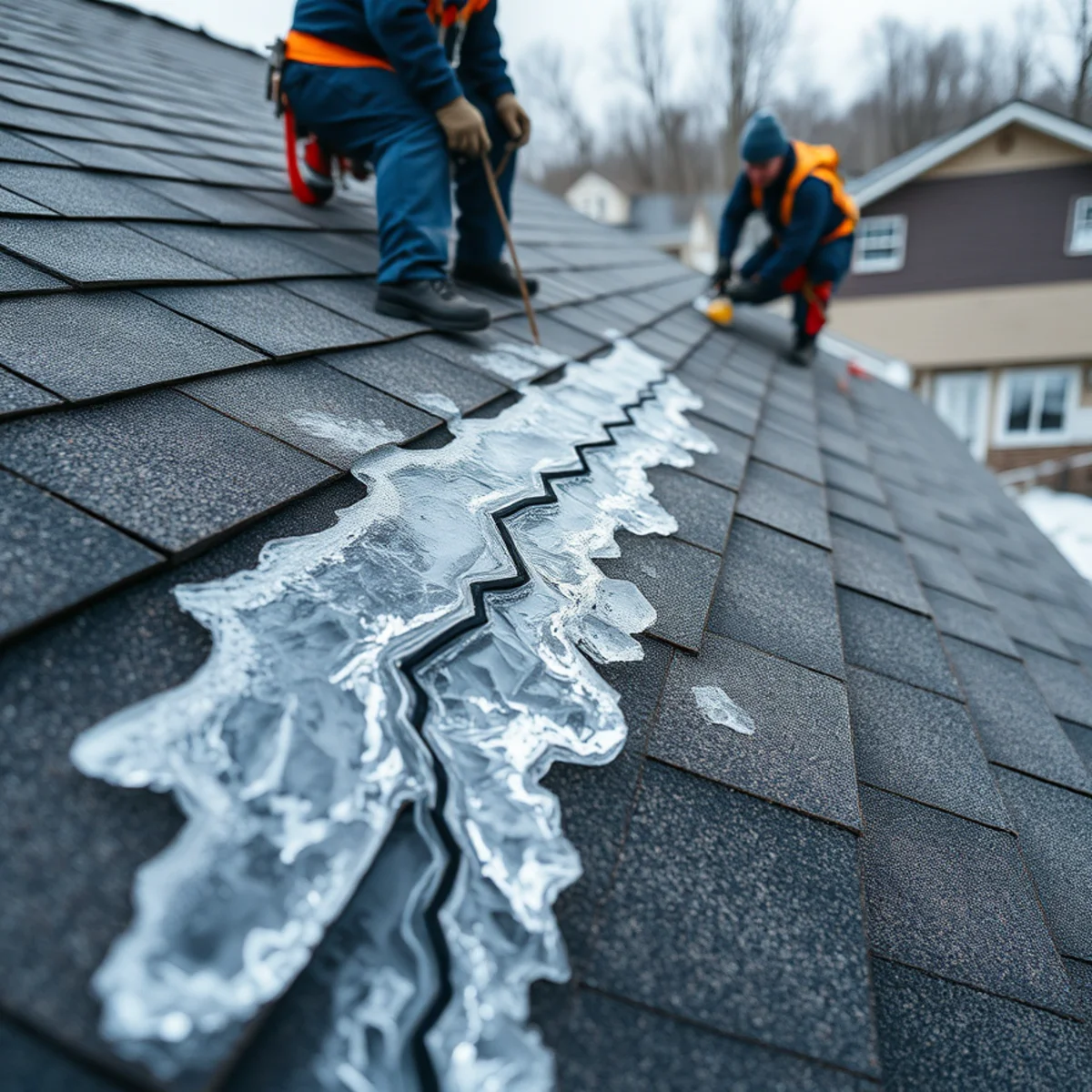 Ice forming in a roof valley during a Harrisburg, PA freeze-thaw cycle