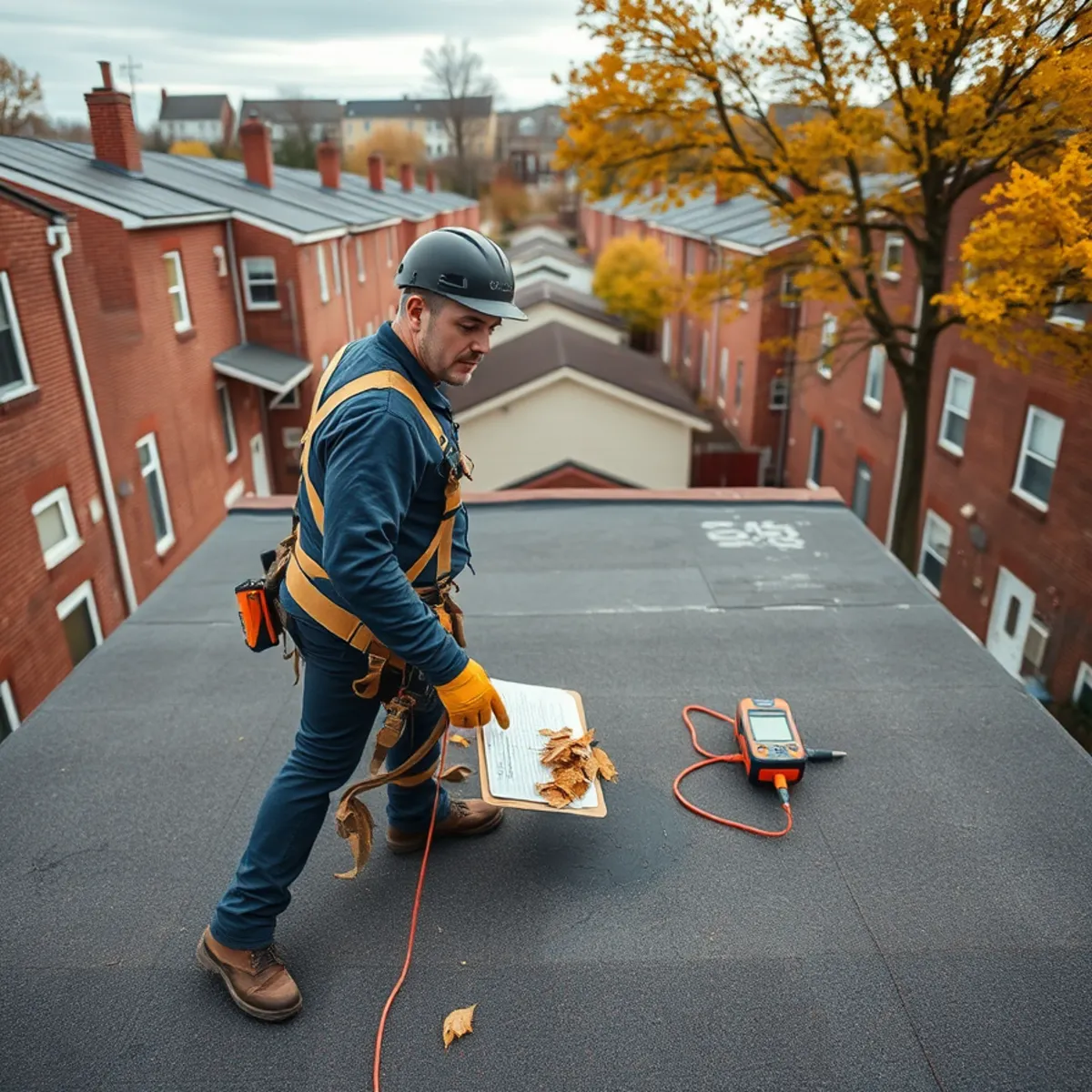Rowhome flat roofs and party walls across a Harrisburg, PA block
