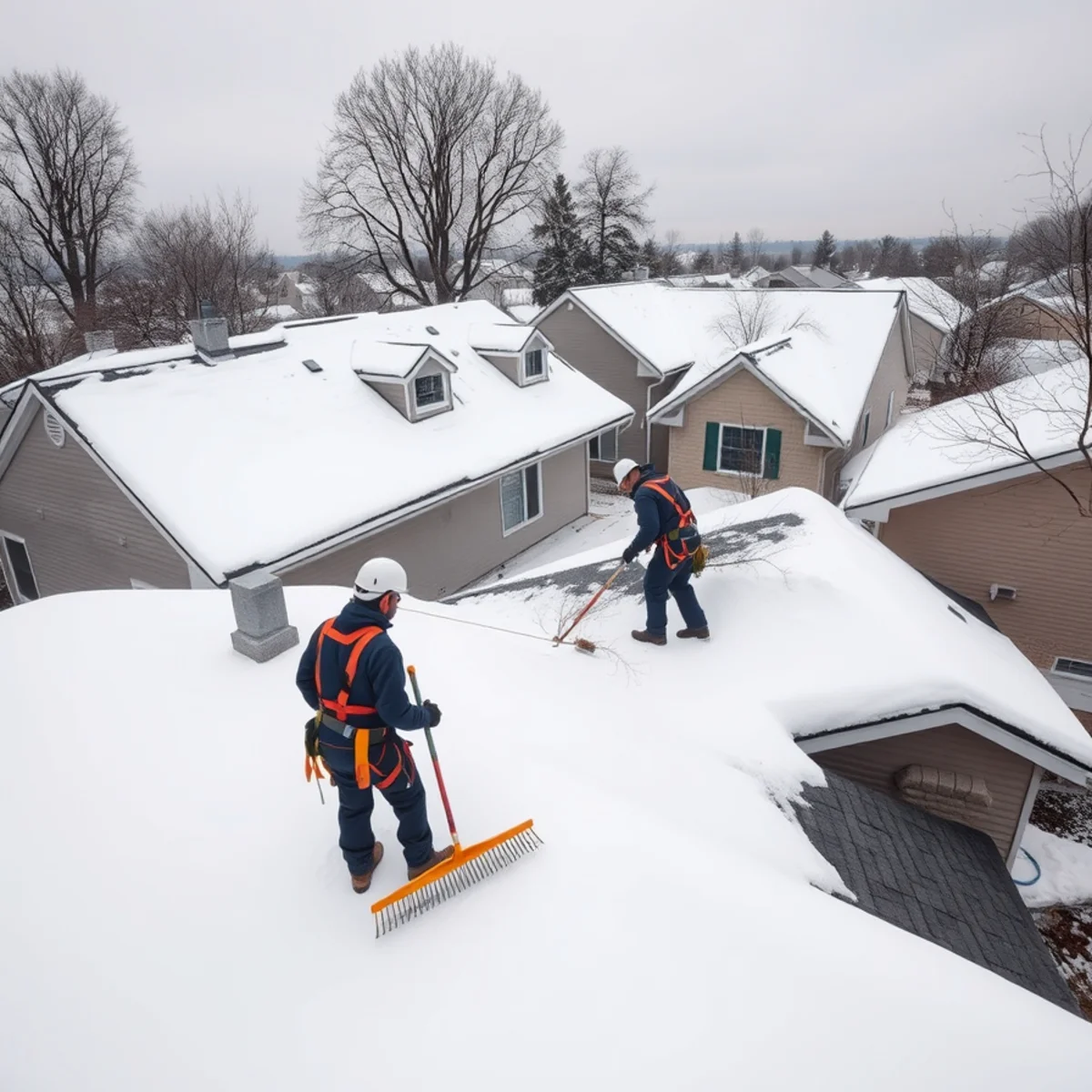 Snow-covered roofs in a Harrisburg, PA neighborhood after a winter storm