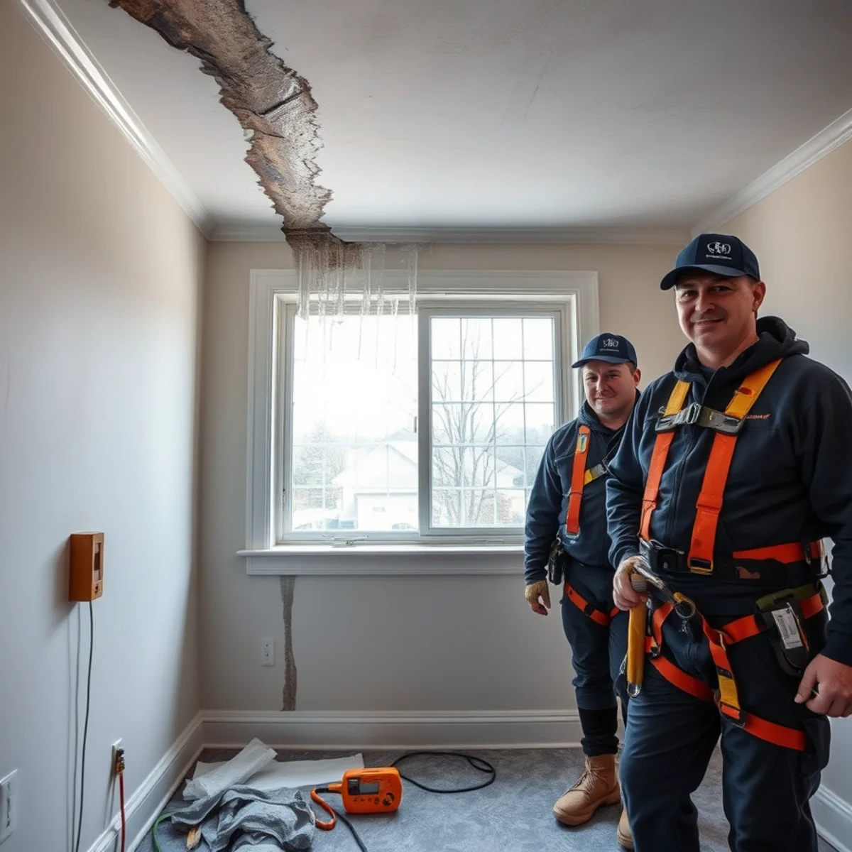 Interior water damage from an ice dam being documented in a Pennsylvania home