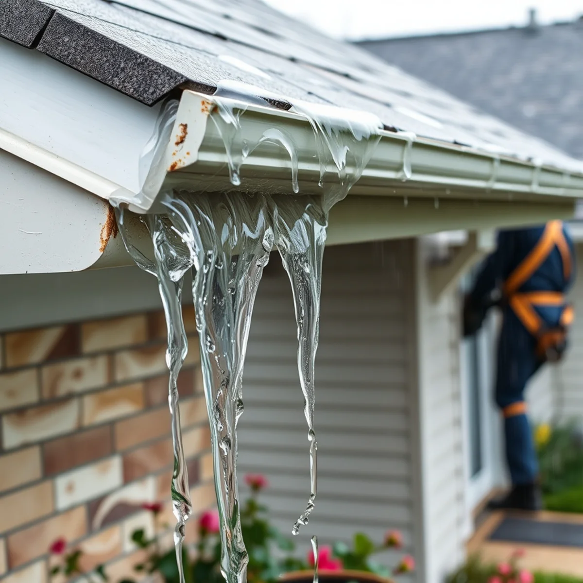 Water overflowing a gutter and running down the fascia of a Harrisburg, PA home