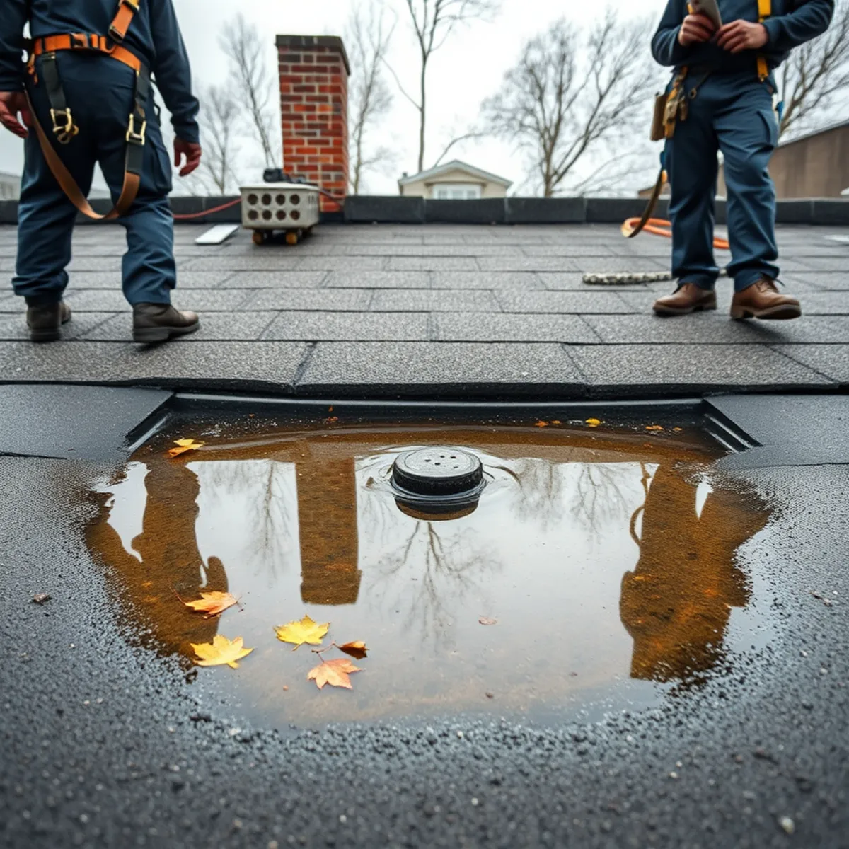 Standing water ponding on a flat rowhome roof in Harrisburg, PA